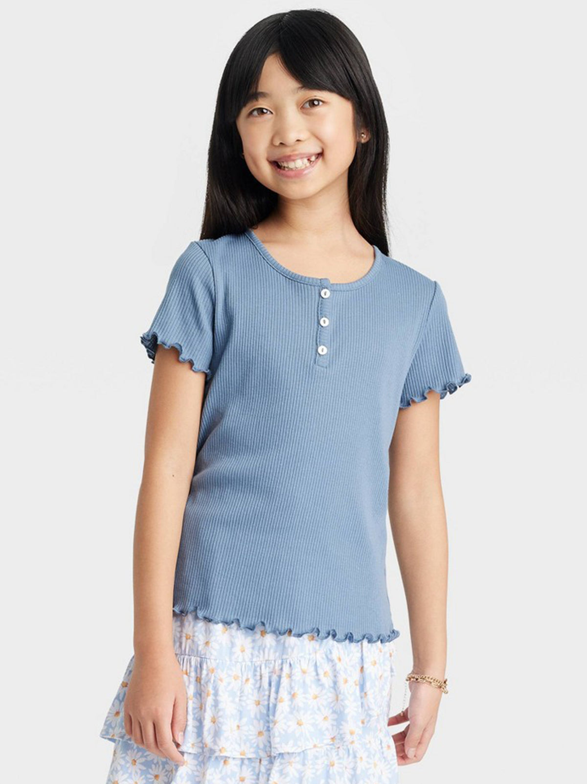 Image for Kids Girl Ribbed Henley Top,Blue