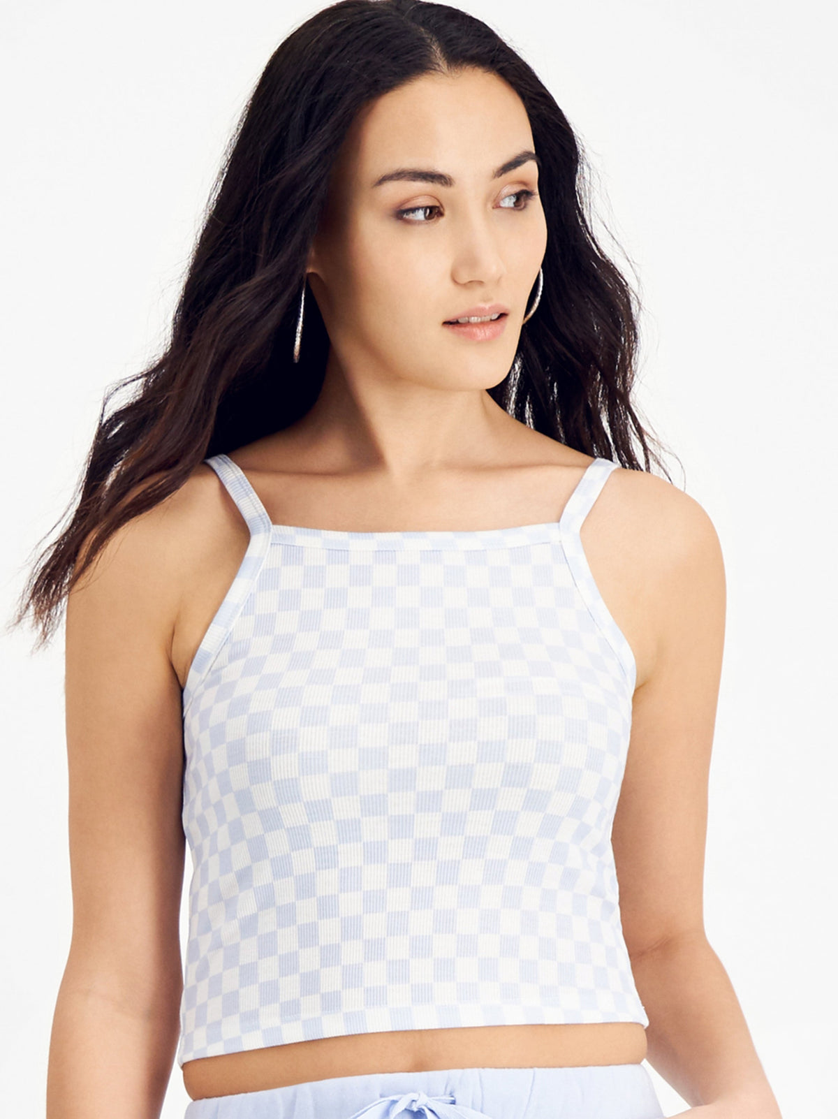 Image for Women's Ribbed Plaid Tank Top,Light Blue/White