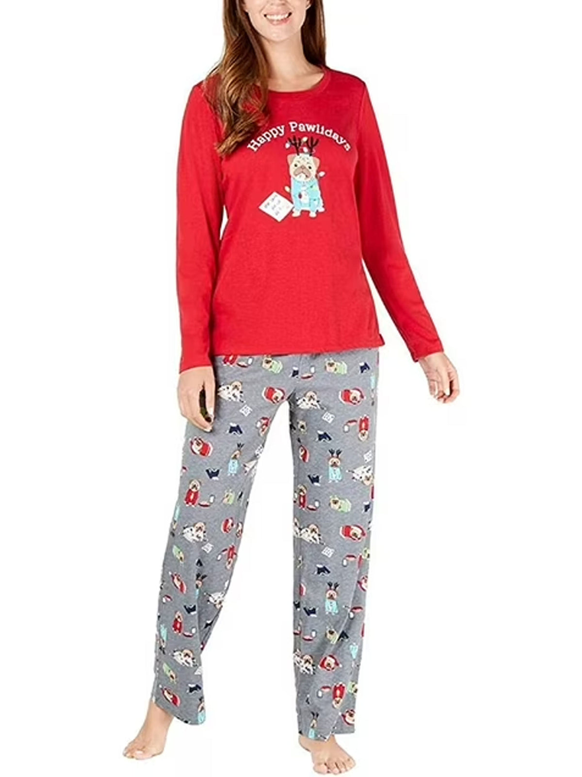 Image for Women's 2 Pcs Graphic Printed Top & Bottom Sleepwear Set,Red/Grey