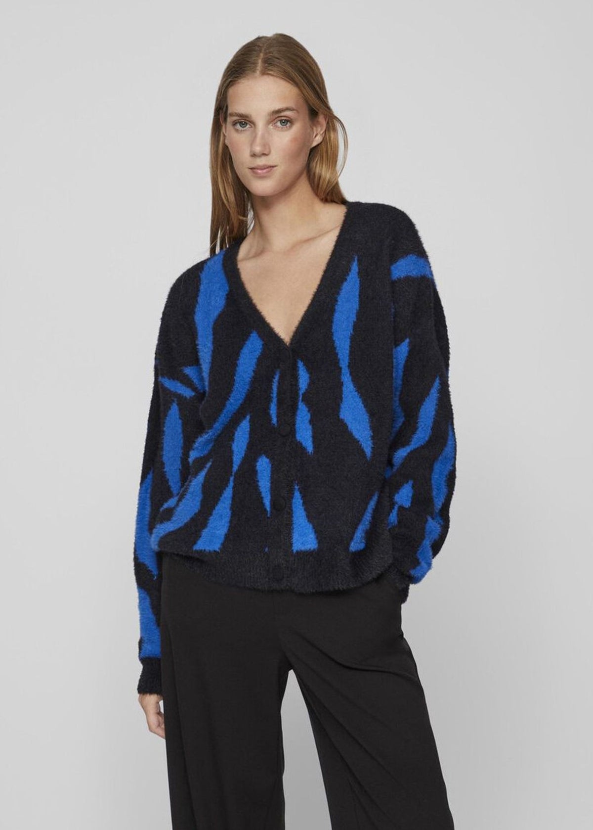 Image for Women's Printed Cardigan,Black/Blue