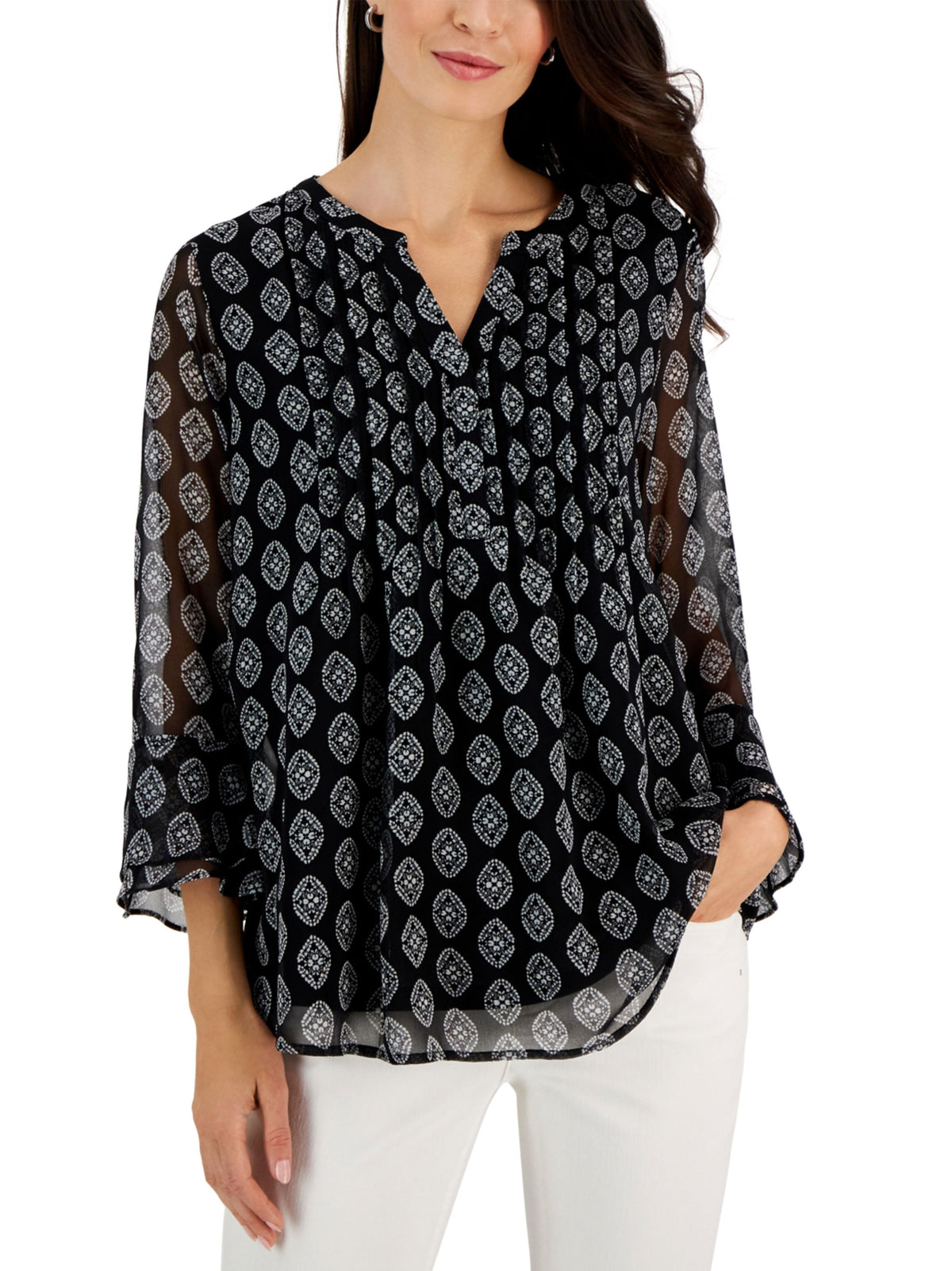 Image for Women's Printed Pintuck Top,Black