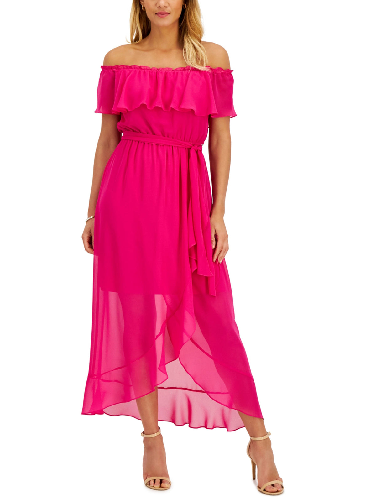 Image for Women's Belted Off Shoulder Ruffled Dress,Pink