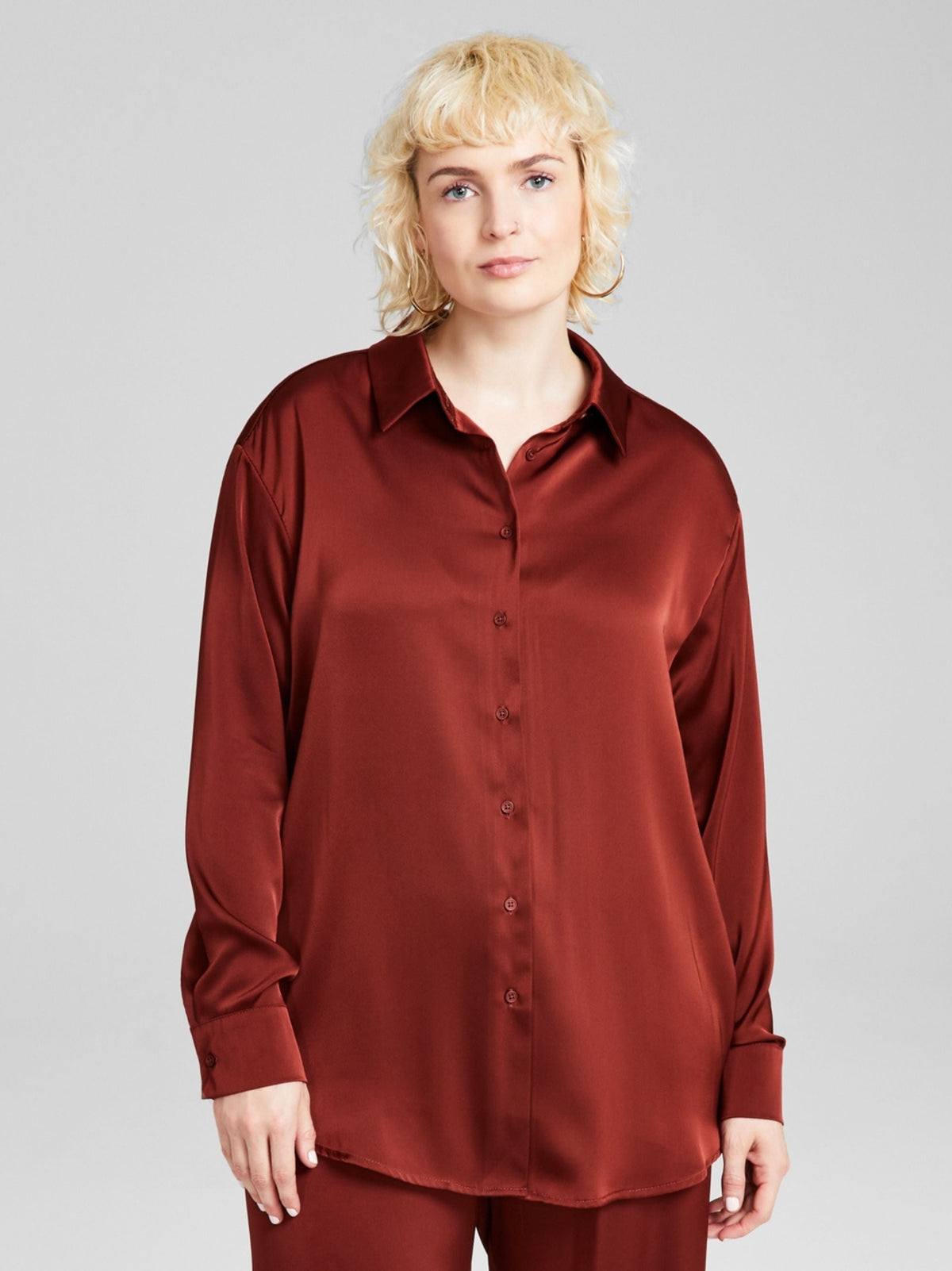 Image for Women's Plain Oversized Satin Collared Long Sleeve Shirt,Brown