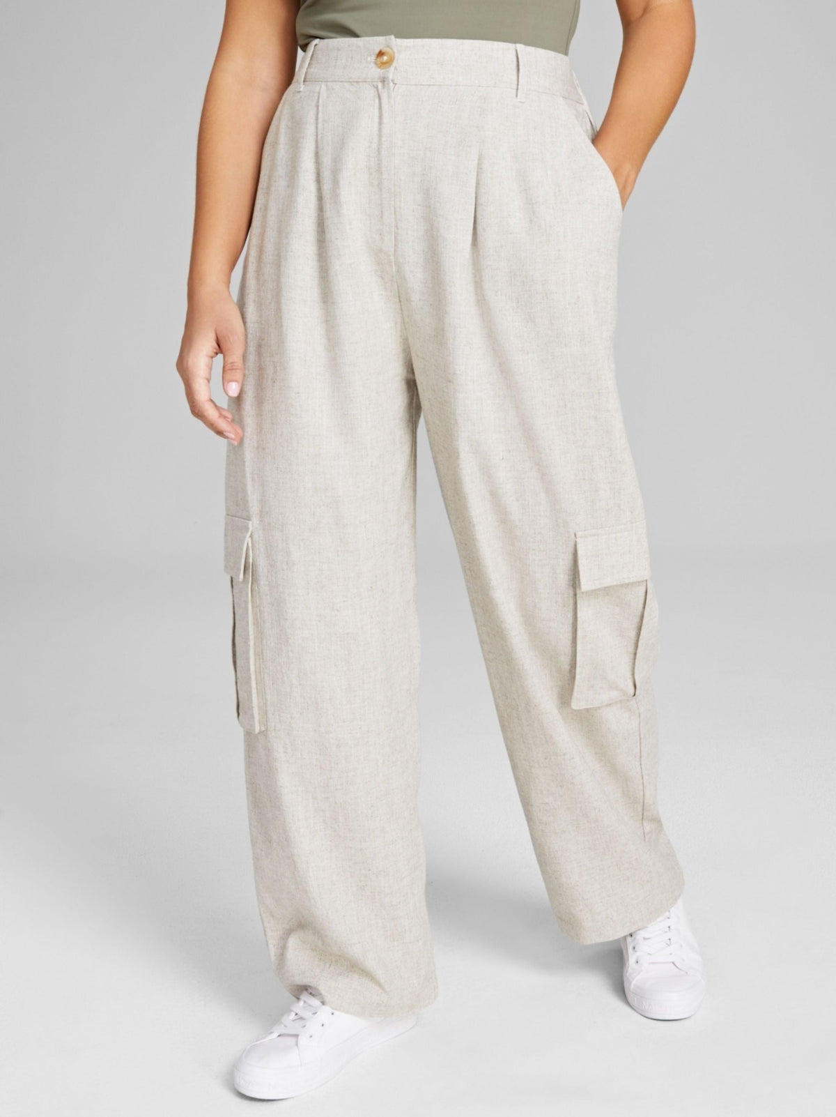 Image for Women's Textured High Rise Linen Blend Cargo Pants,Beige