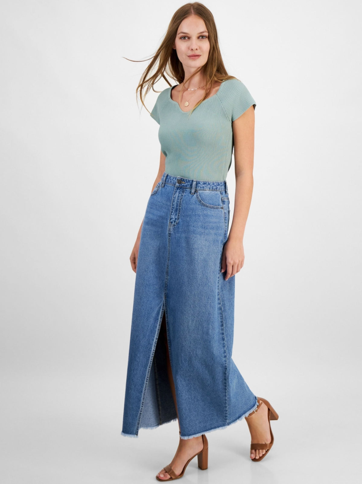 Image for Women's Textured Cotton Denim Maxi Skirt,Light Blue