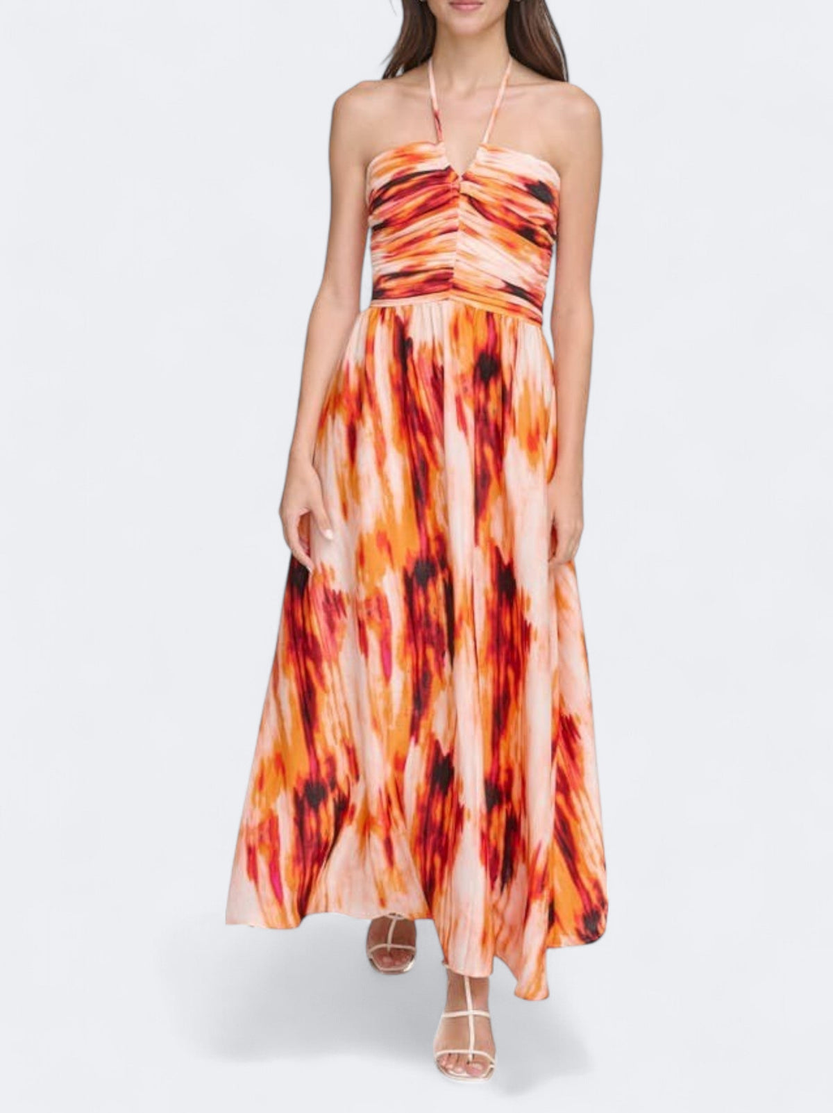 Image for Women's Graphic Printed Ruched Halter Maxi Dress,Multi