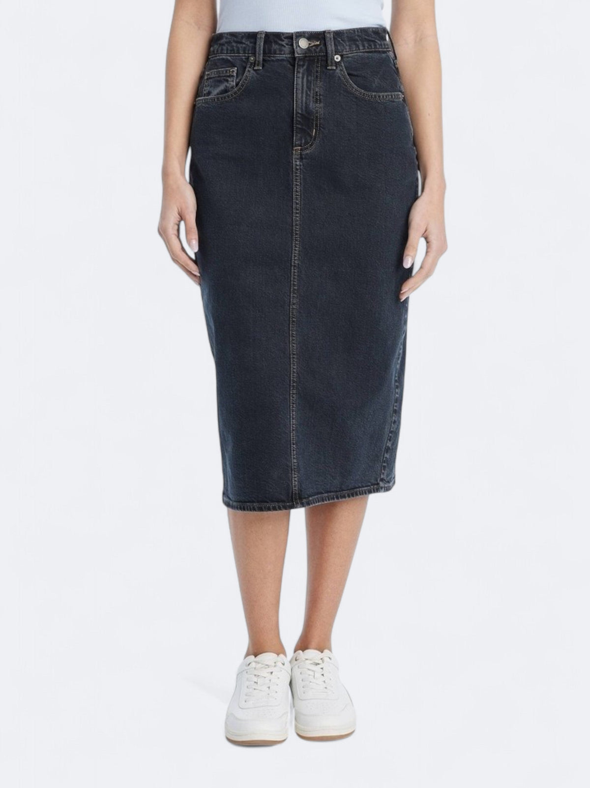 Image for Women's Textured High Rise Denim Midi Skirts,Black