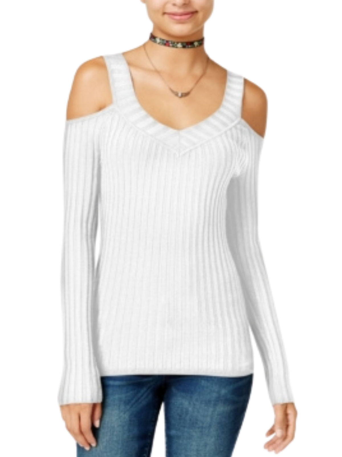 Image for Women's Knitted Cold Shoulder Top,White