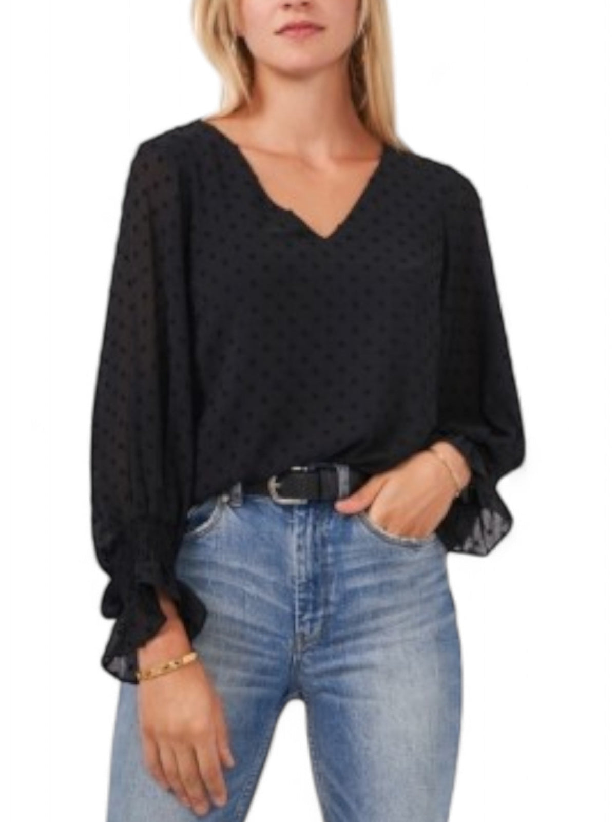 Image for Women's Clip Dot Smocked Cuff Ruffled Top,Black