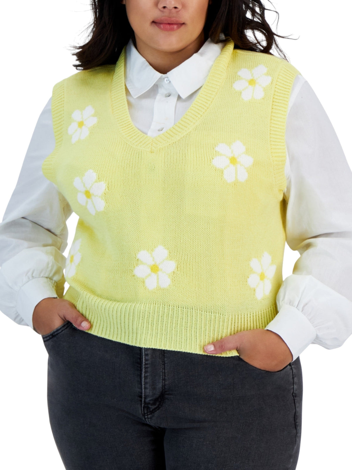 Image for Women's Knitted Floral Printed Sweaters Vest,Yellow