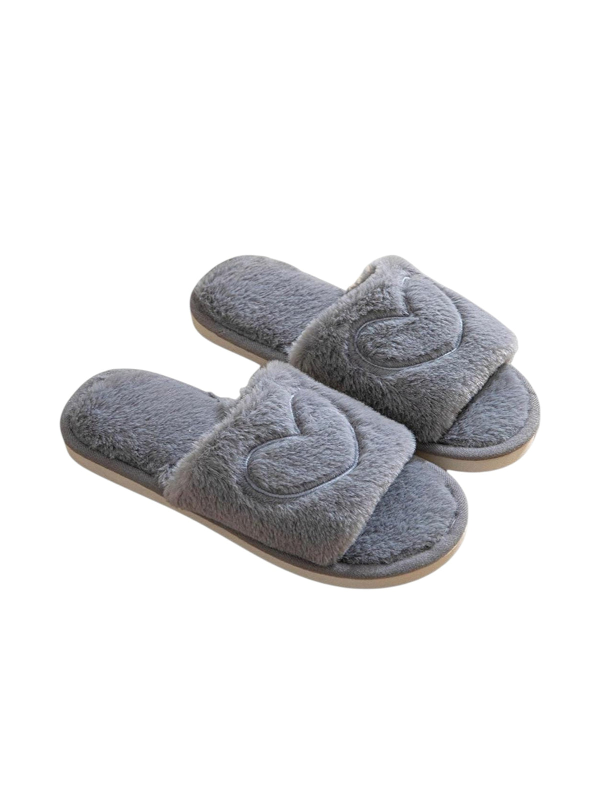 Image for Women's Heart Embroidered Faux Fur Slippers,Grey