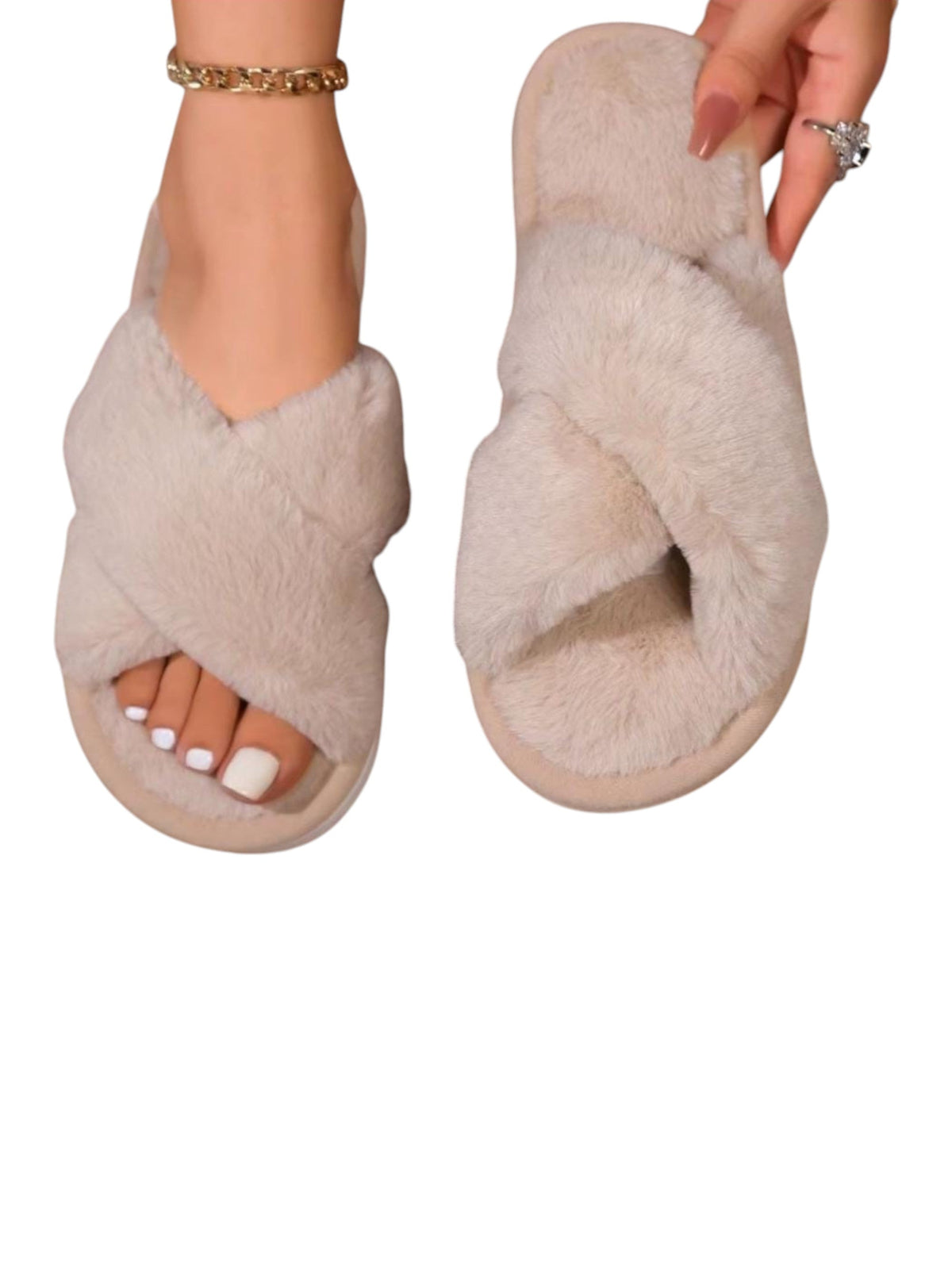 Image for Women's Faux Fur Slippers,Beige
