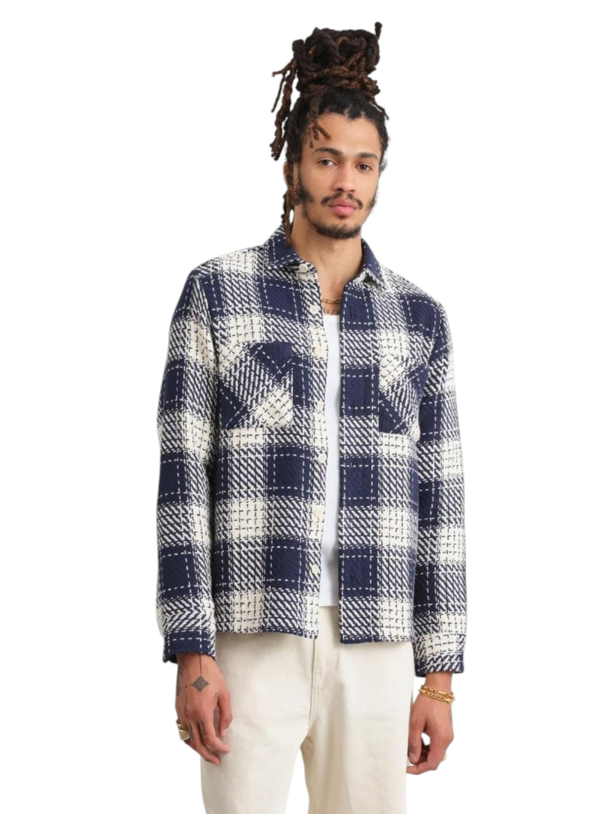Image for Men's Plaid Kintted Dress Shirt,Navy/White