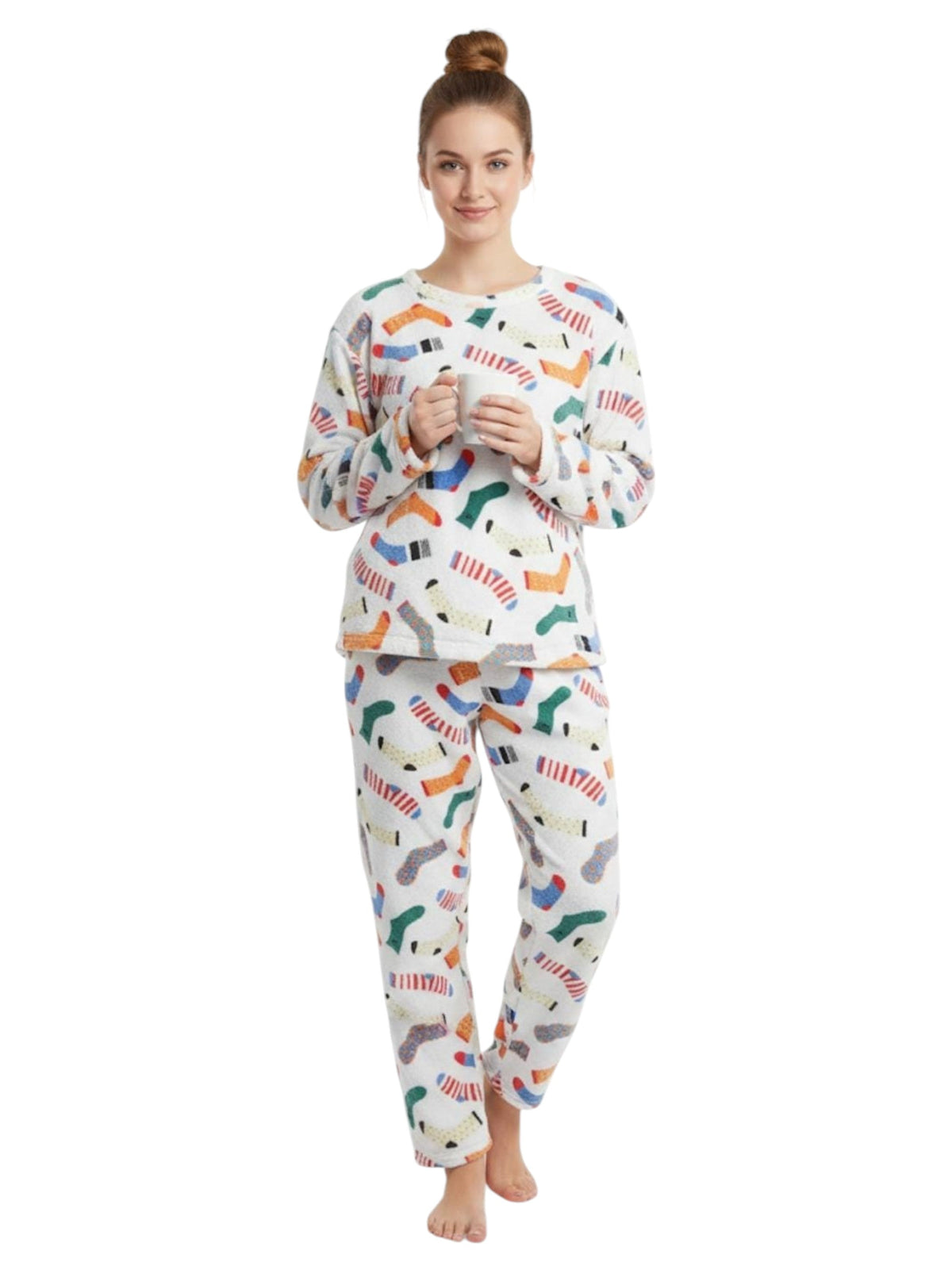 Image for Women's Printed Faux Fur Pajama Set,White