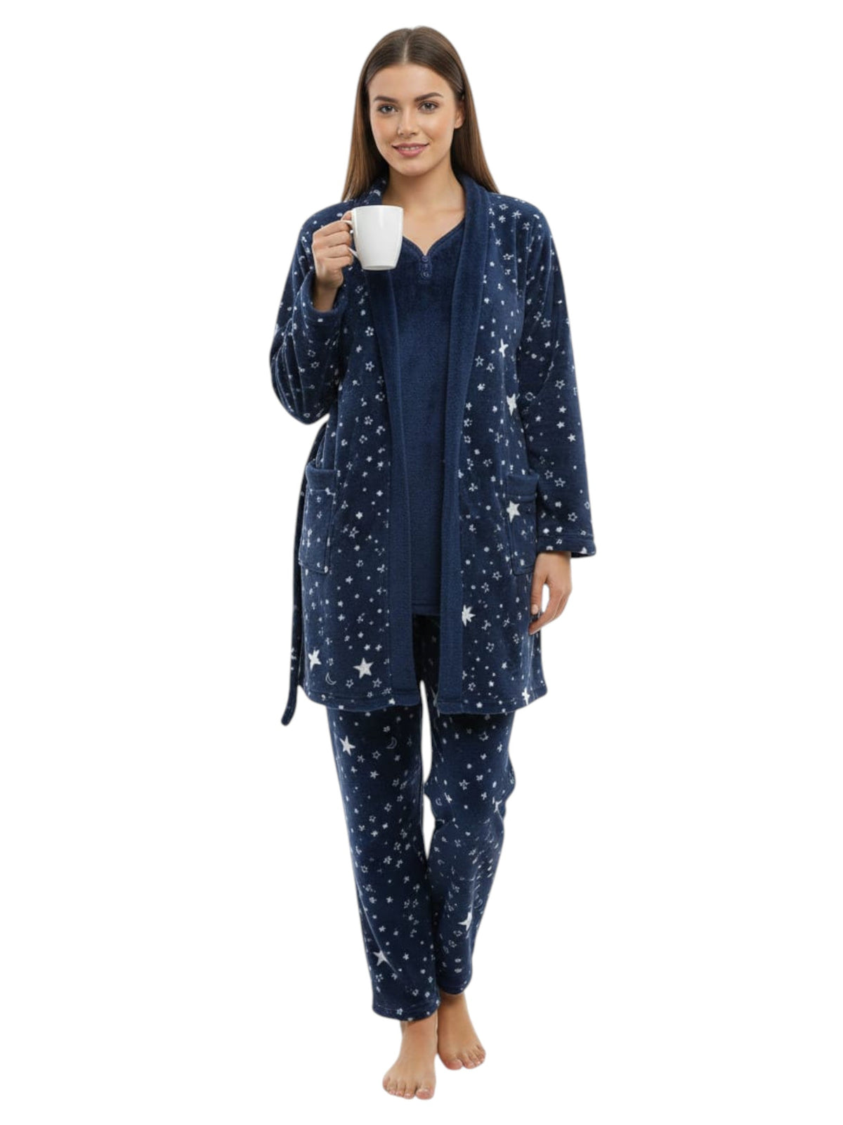 Image for Women's Stars Printed Faux Fur Sleepwear Set,Navy