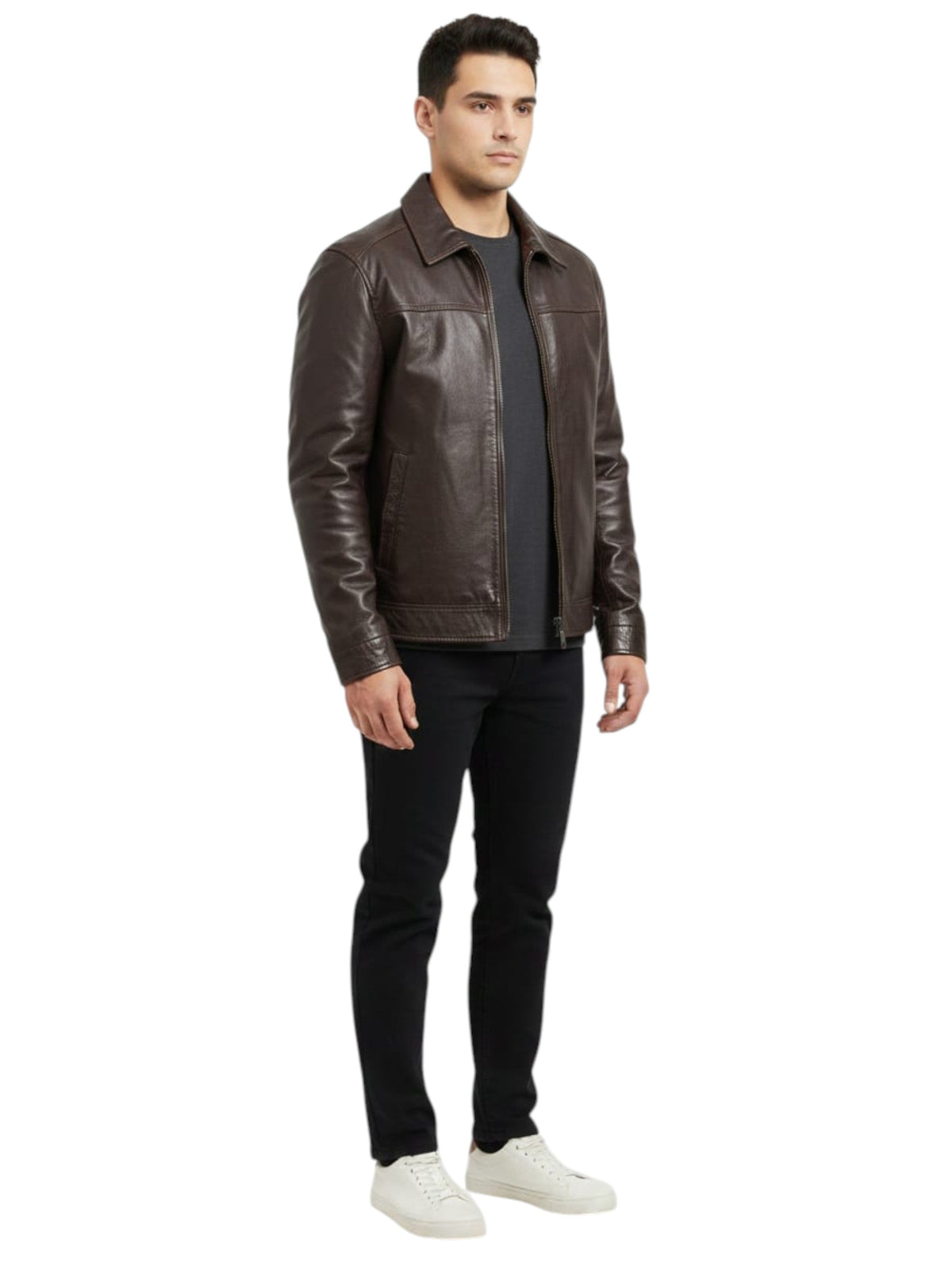 Image for Men's Plain Solid Leather Jacket,Brown