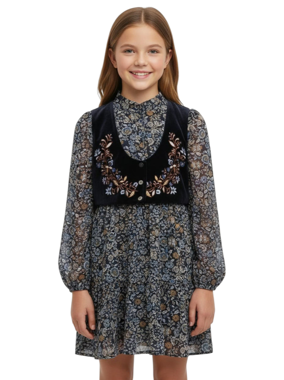 Image for Kids Girl's Floral Printed Dress,Navy