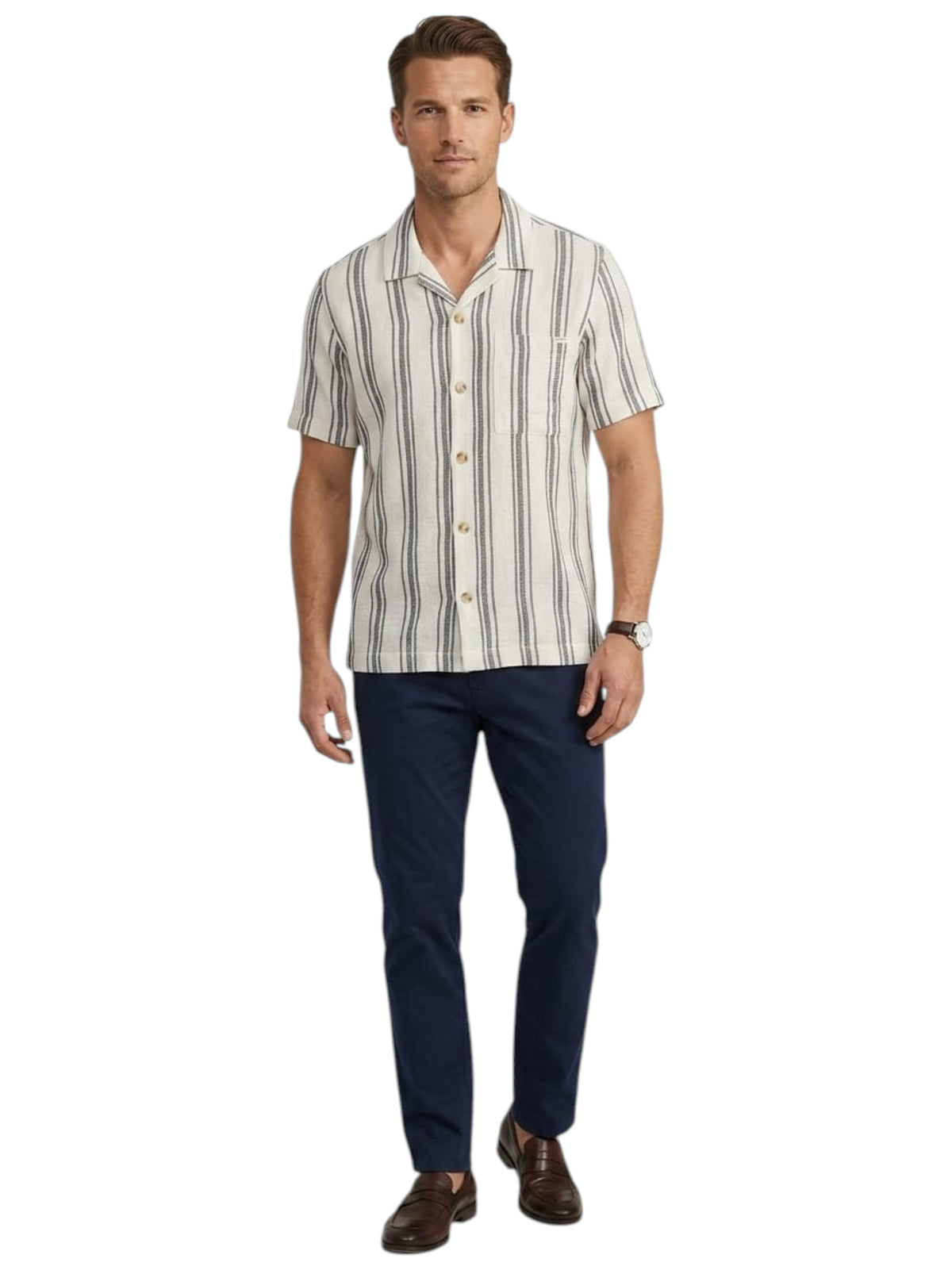 Image for Men's Striped Dress Shirt,Off White/Navy