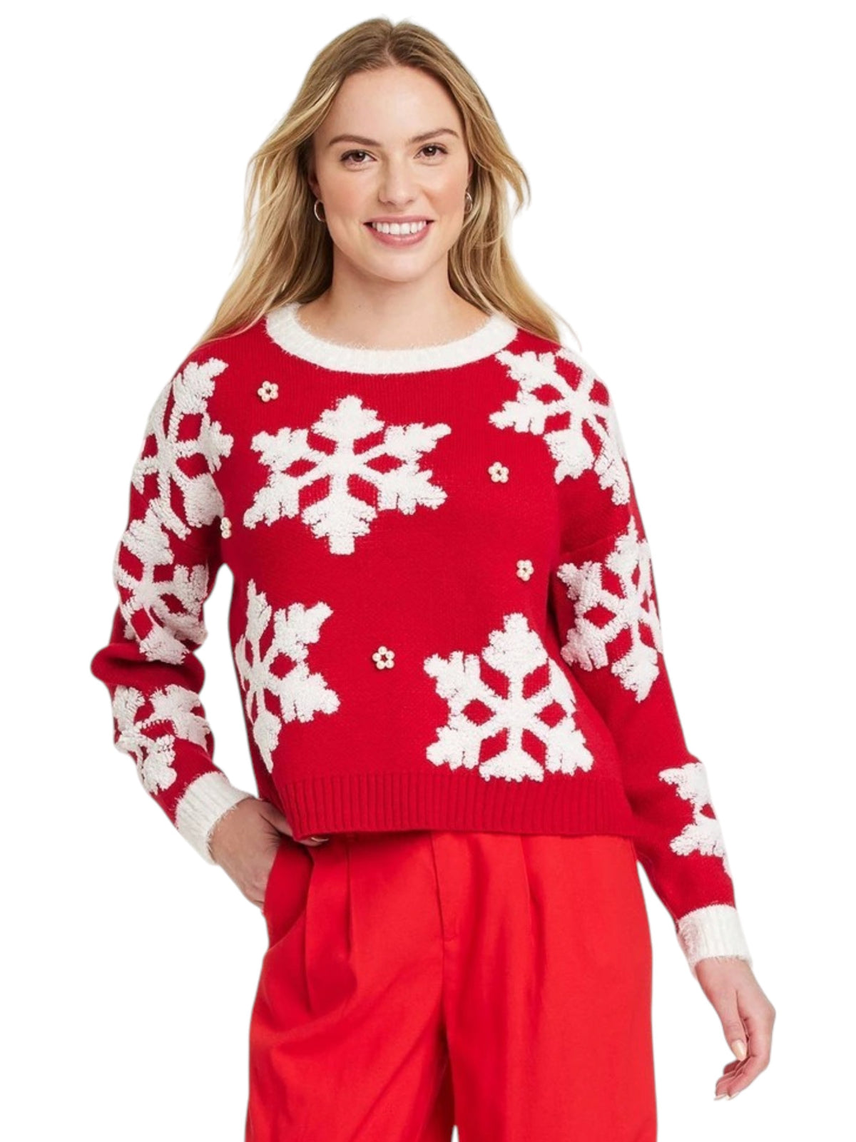 Image for Women's Printed Ribbed Top,Red/White