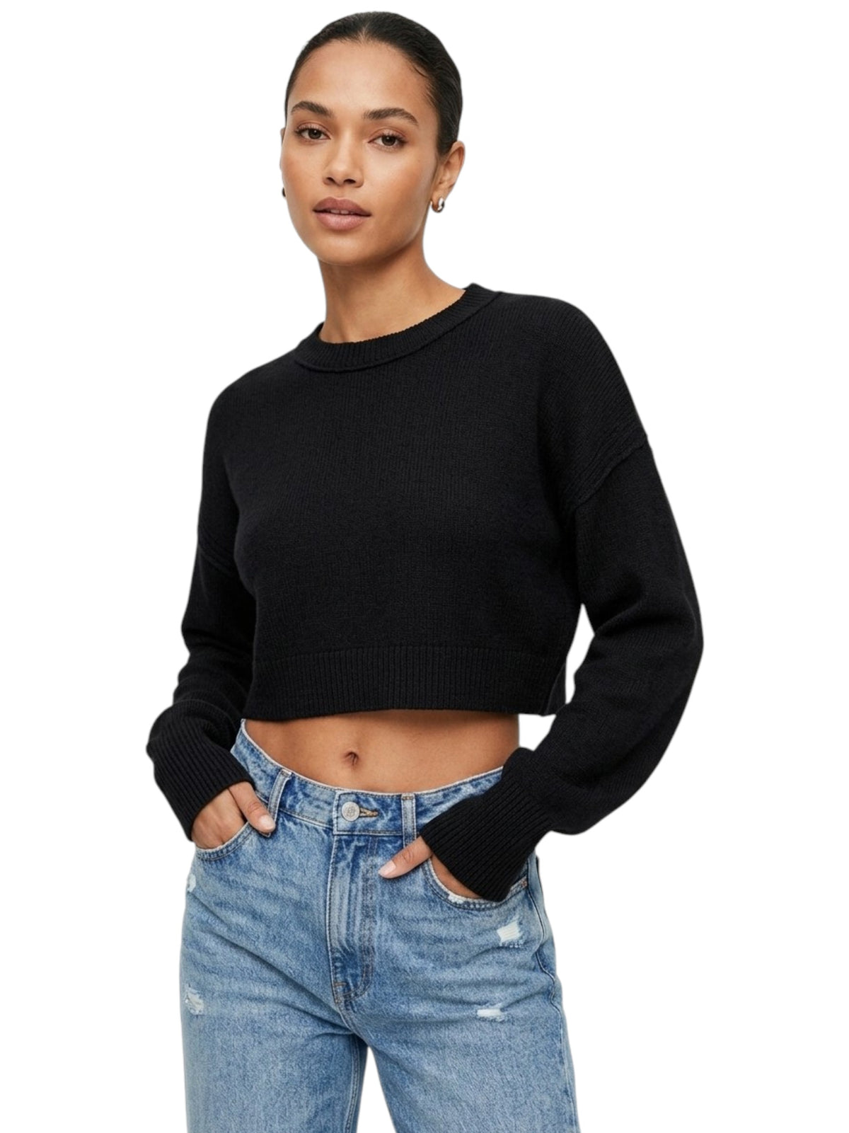 Image for Women's Plain Knit Crop Top,Black