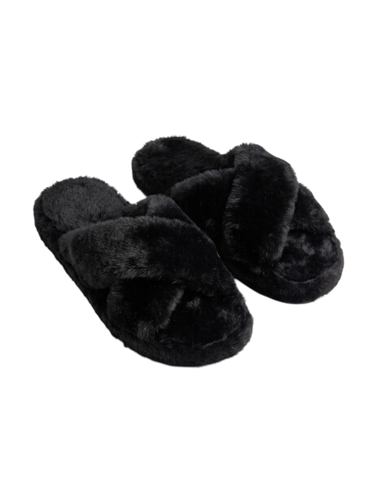 Image for Women's Plain Crossed Faux Fur Slippers,Black