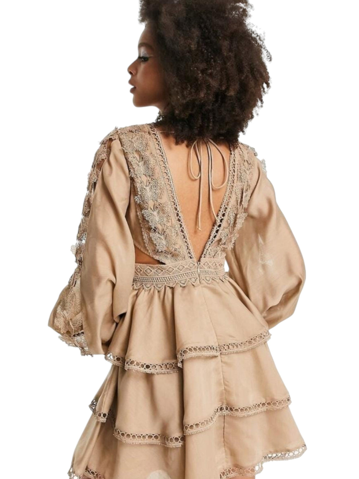 Women's Open Embroidered Dress,Brown