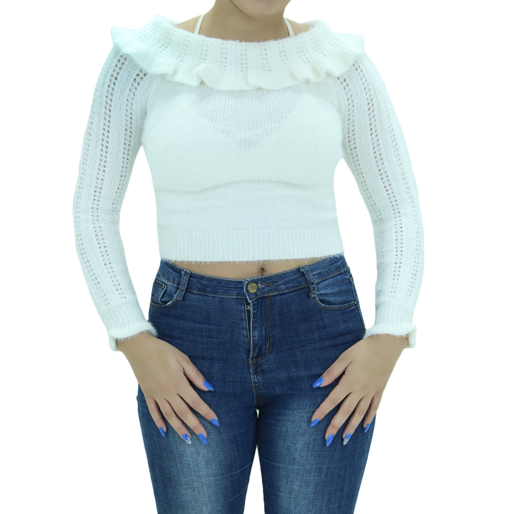 Image for Women's Ruffle Boat-Neck Crop Sweater,White