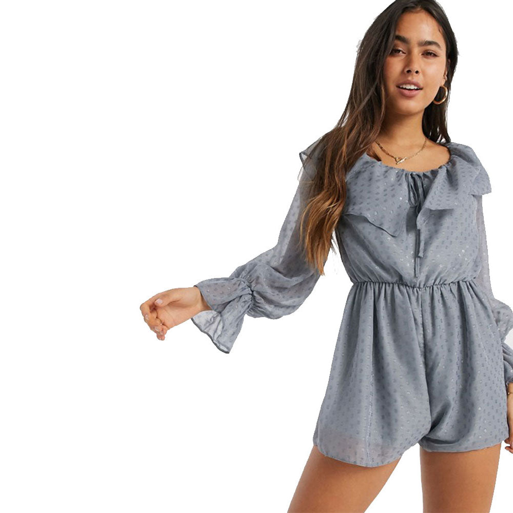 Image for Women's Ruffled Mesh Open Back Playsuit,Grey