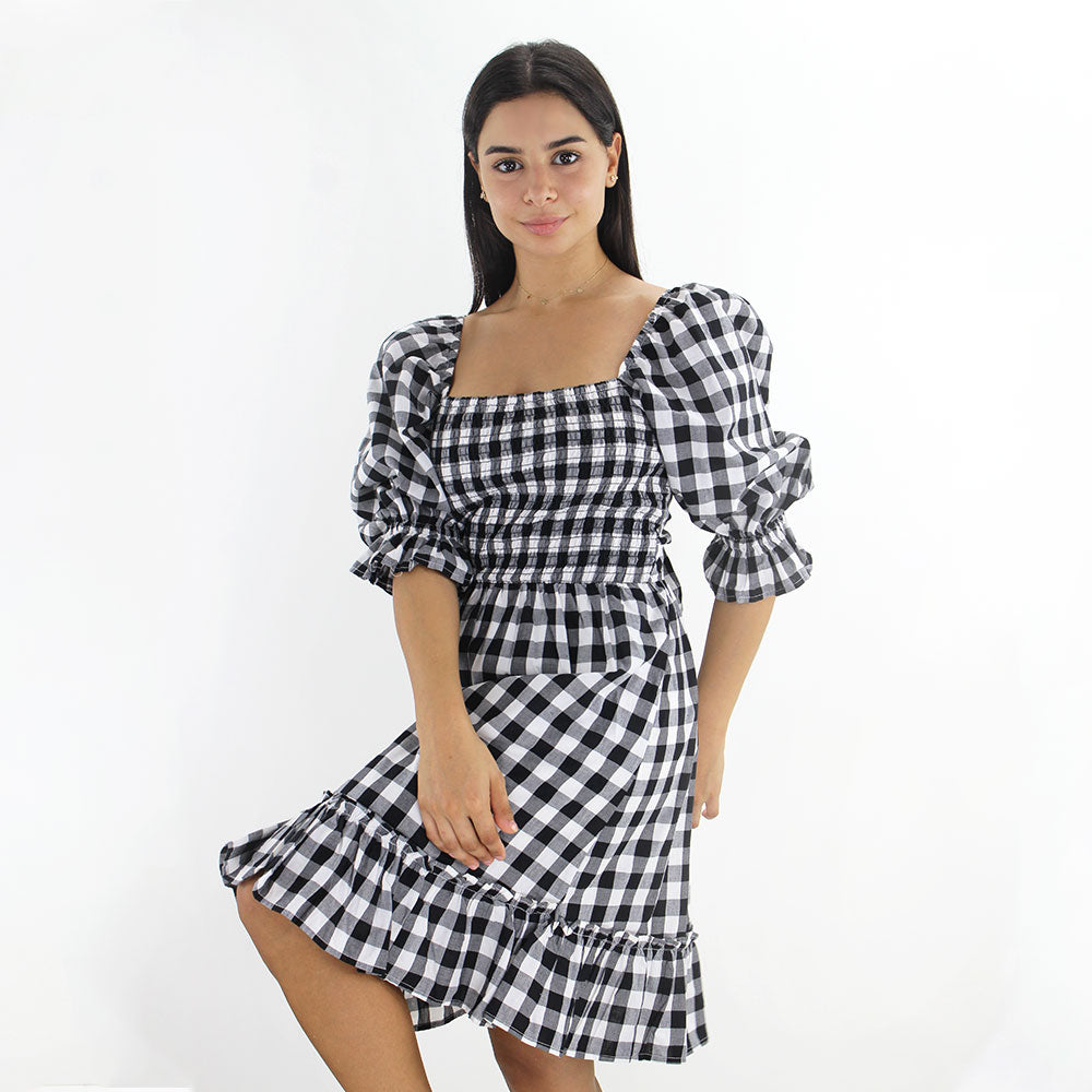 Image for Women's Plaid Open Back Puff Sleeve Dress, Black/White