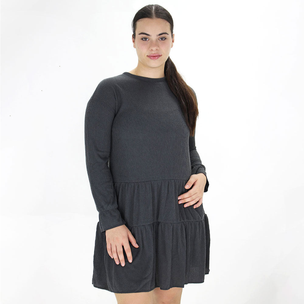 Image for Women's Ribbed Ruffled Dress,Dark Grey