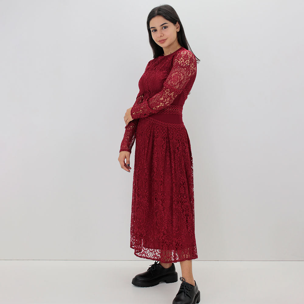 Women's All Over Lace Dress,Burgundy