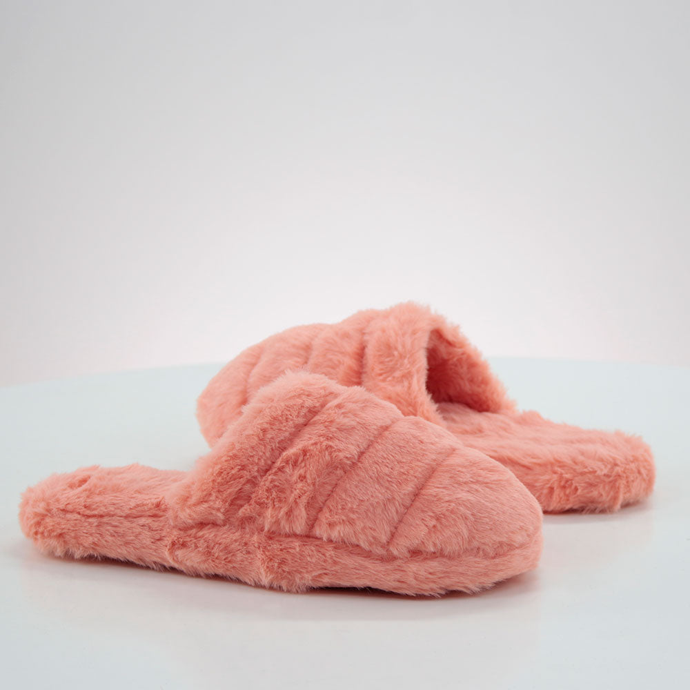 Image for Women's Striped Faux Fur Slippers,Coral