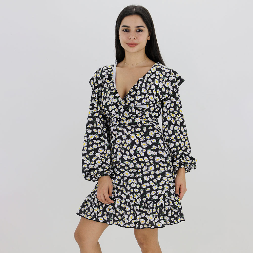 Image for Women's Floral Printed Ruffled Dress,Black