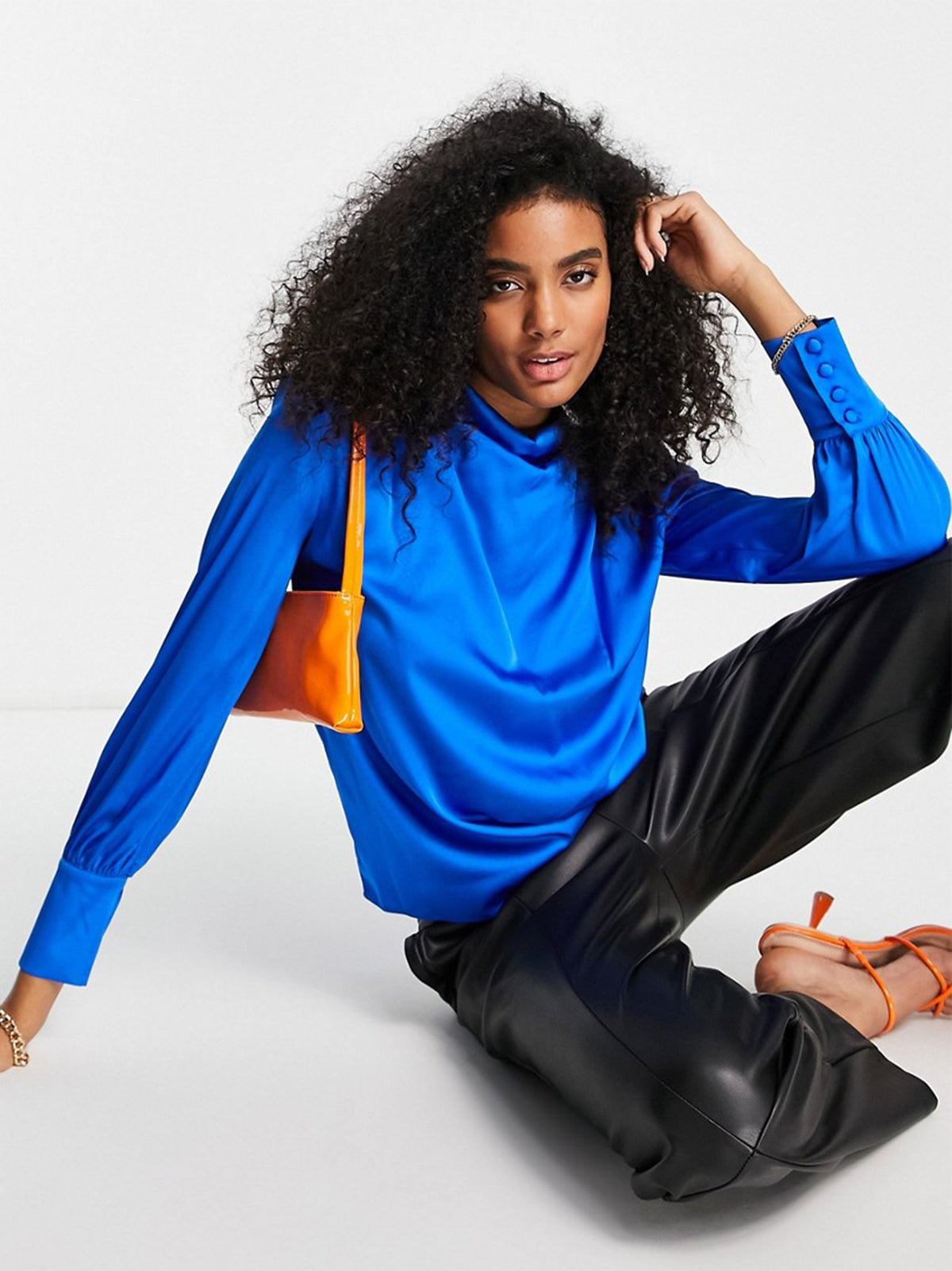 Image for Women's Plain Solid Satin Blouse,Blue