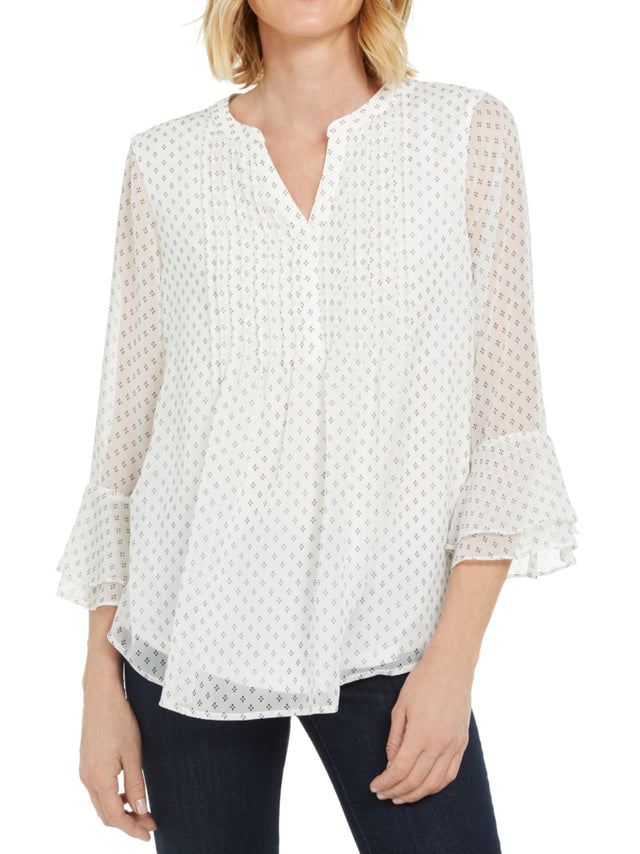 Image for Women's Graphic Printed Mesh Blouse,White