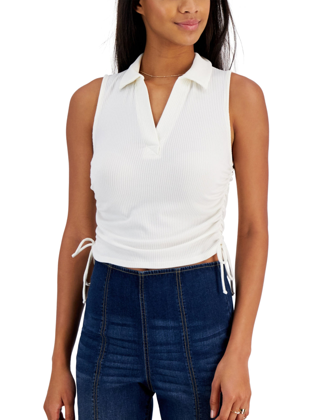 Image for Women's Side Ruched Ribbed Polo Tank Top,White