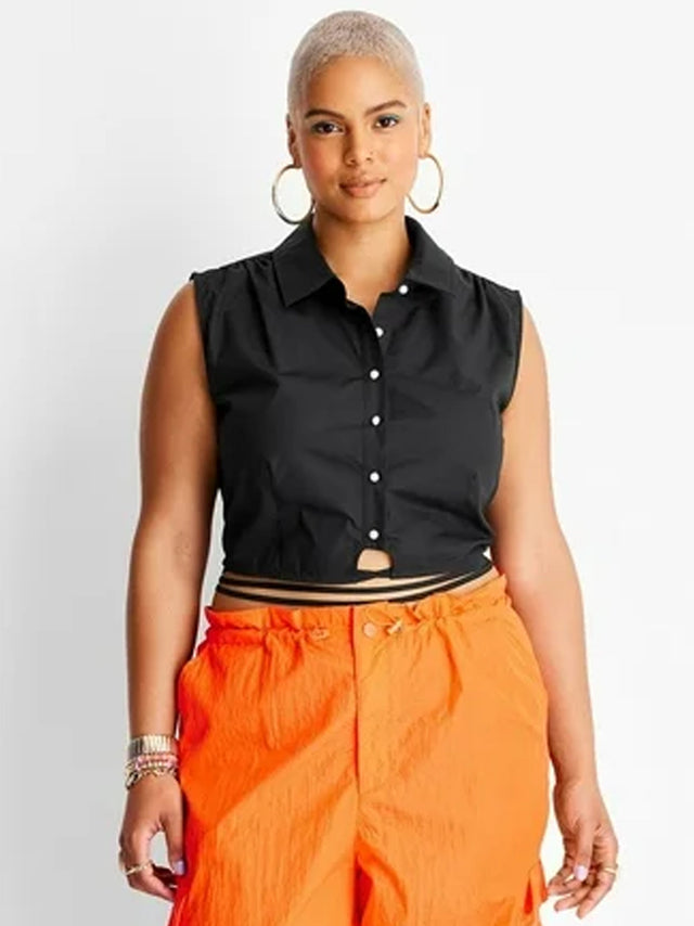 Image for Women's Plain Solid Waist Tie Cropped Top,Black
