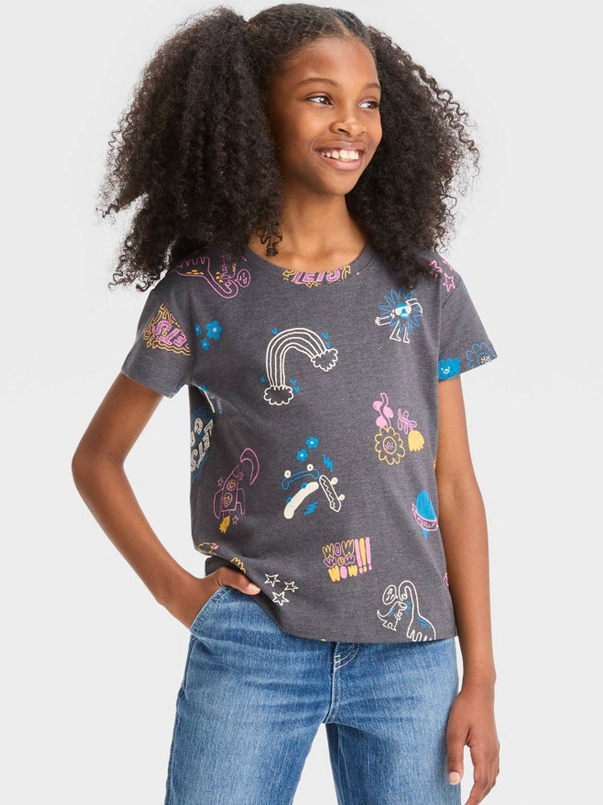 Image for Kids Girl Relaxed Fit Graphic Printed T-Shirt,Dark Grey