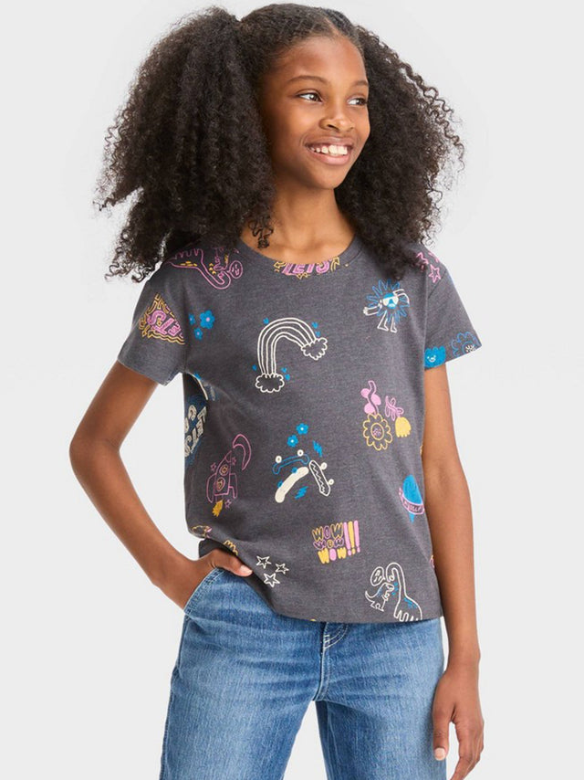 Image for Kids Girl Relaxed Fit Graphic Printed T-Shirt,Dark Grey