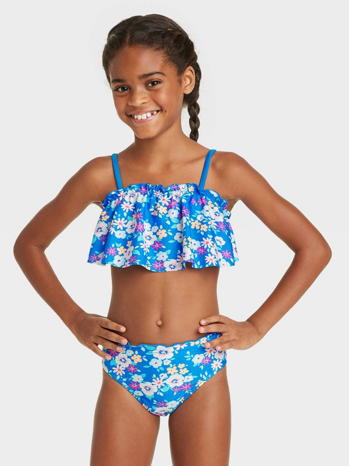 Image for Kids Girl Floral Ruffle Edge Bikini Top,Blue
