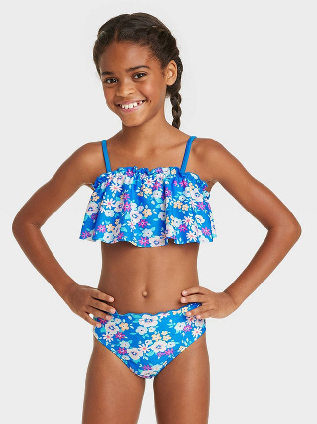 Image for Kids Girl Floral Ruffle Edge Bikini Top,Blue
