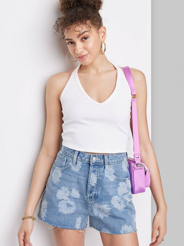 Image for Women's Floral Printed Washed Denim Short,Light Blue