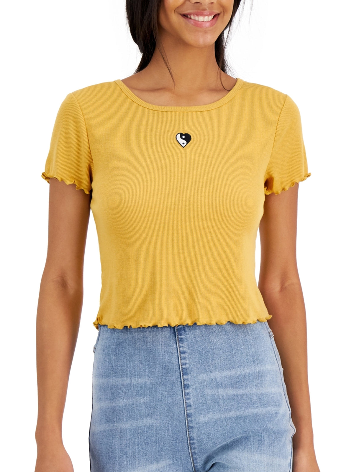 Image for Women's Heart Embroidered Ribbed T-Shirt,Mustard