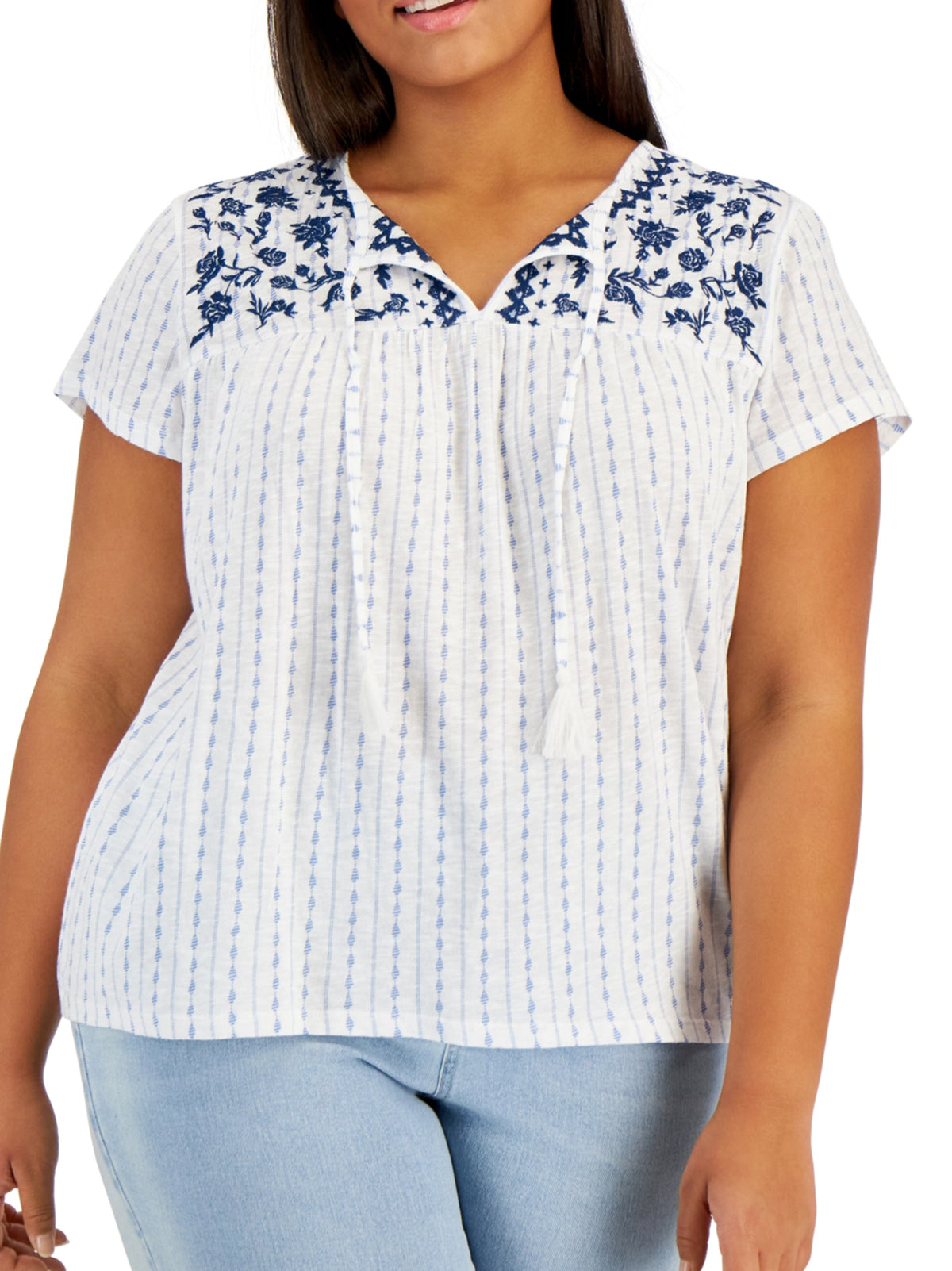 Image for Women's Floral Embroidered Top,Light Blue/White