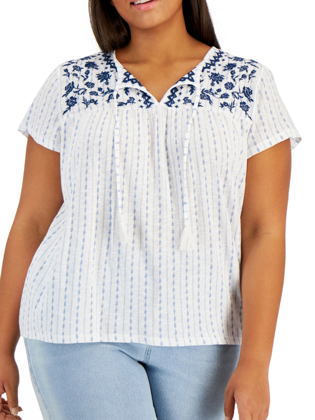 Image for Women's Floral Embroidered Top,Light Blue/White