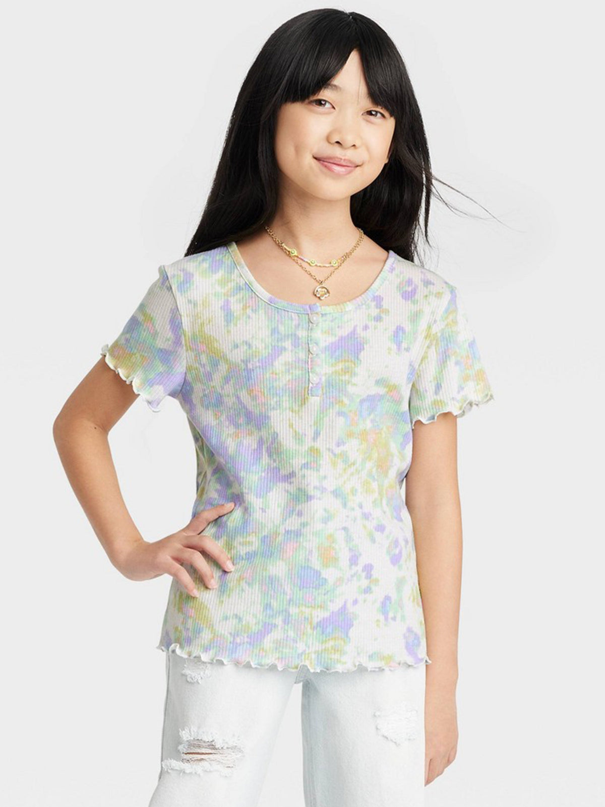 Image for Kids Girl Tie-Dye Henley T-Shirt,Multi