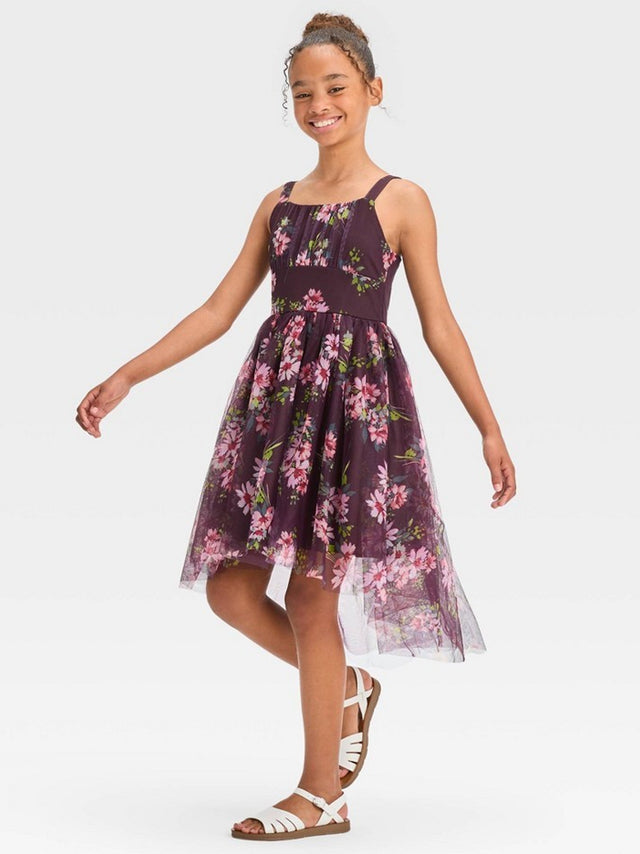 Image for Kids Girl's Floral Printed Mesh Dress,Burgundy