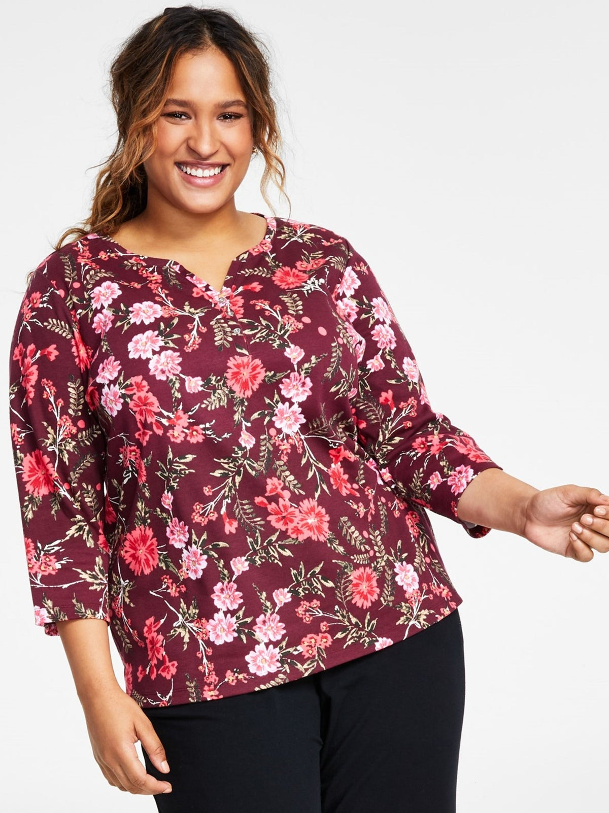 Image for Women's Floral Printed Top,Burgundy