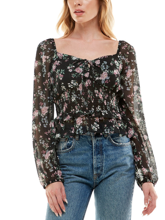 Image for Women's Floral Printed Smocked Mesh Top,Black