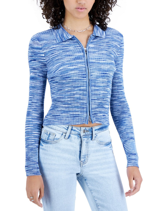Image for Women's Zip Front Ribbed Sweater,Blue